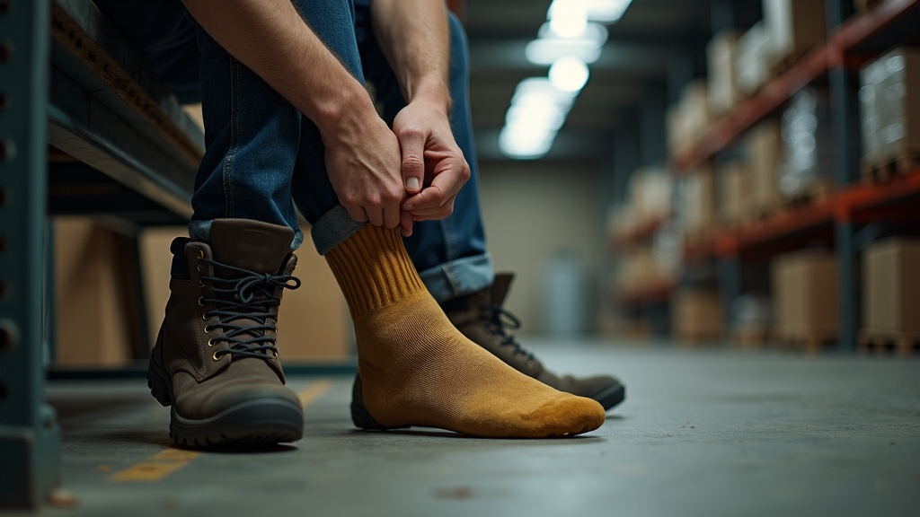 Worker putting on a bamboo work sock before a long shift