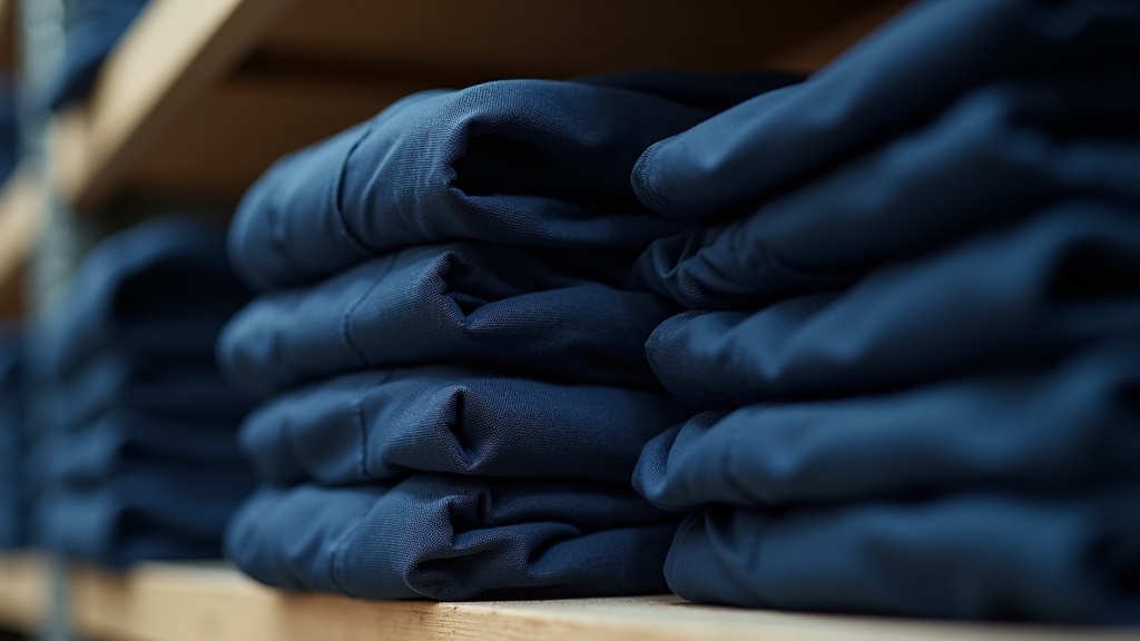 Uniformes de limpieza doblados en almacén mayorista
