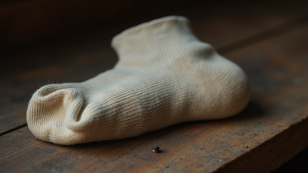 Worn-out cotton work sock showing heel damage