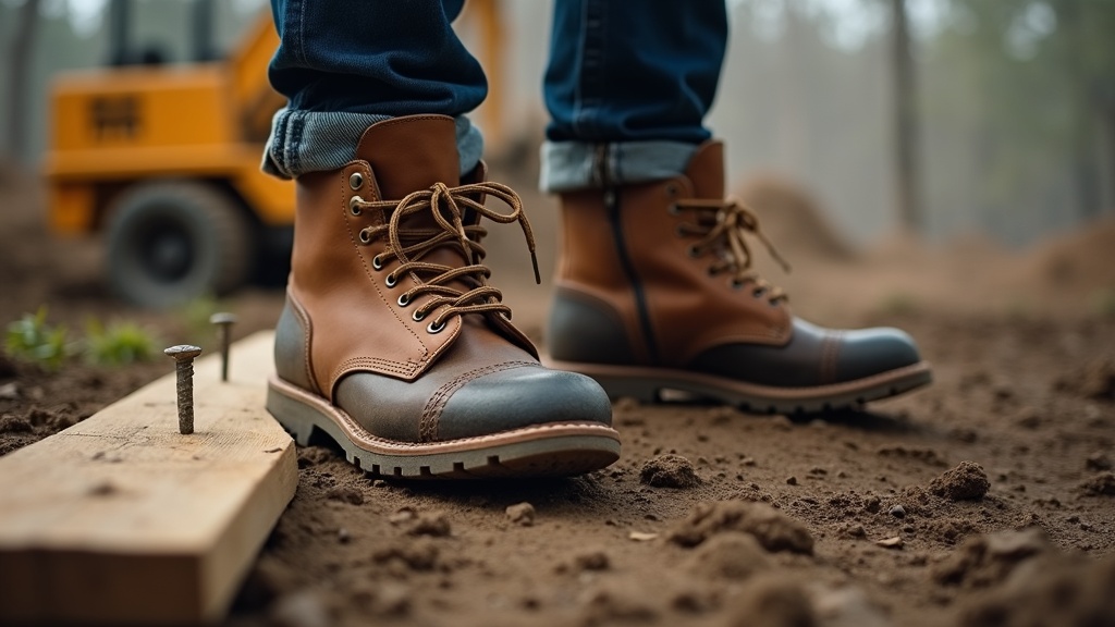 Steel-toe work boots on a muddy construction site with nail hazard visible