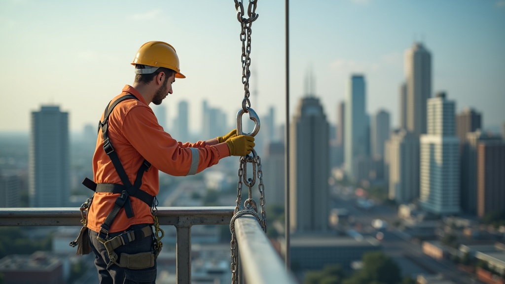 Construction worker connecting a fall protection harness snap hook to a certified anchor point