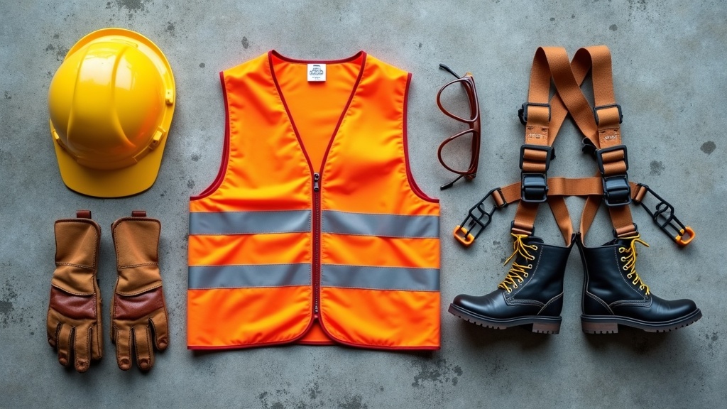 Full set of construction PPE laid out on a concrete surface