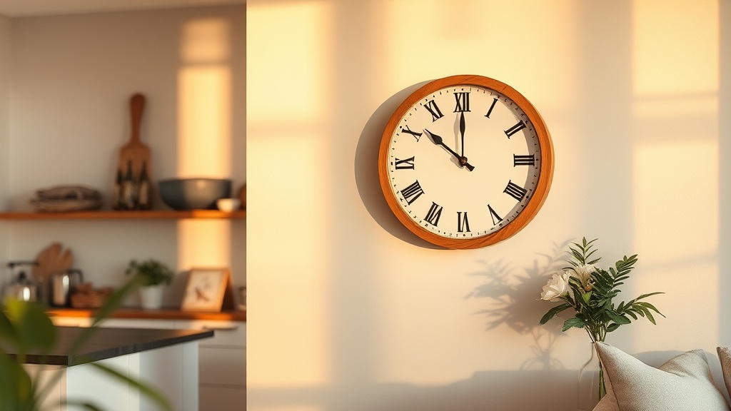 Large wooden wall clock mounted at the transitional wall between a kitchen and living room zone, viewed from both areas
