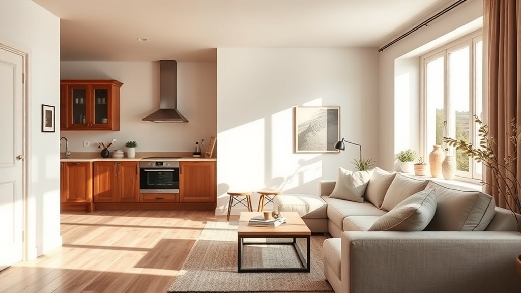 Open plan kitchen and living room sharing a neutral wall, showing two distinct decor zones in one connected space