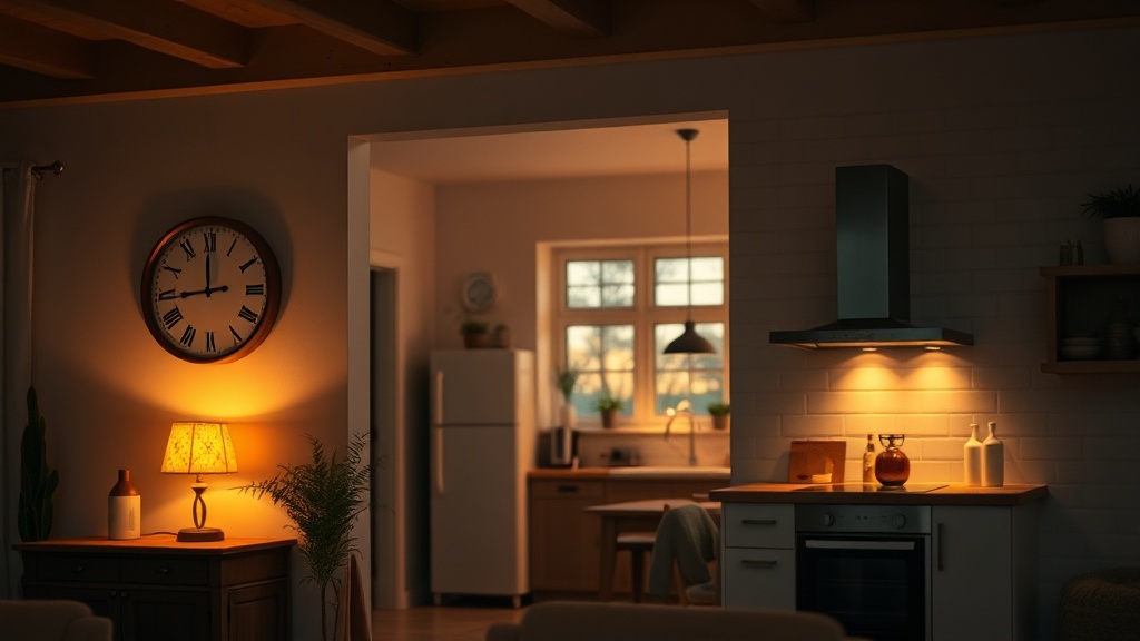 Open plan room interior showing contrasting warm and cool lighting across kitchen and living zones affecting a wall clock's appearance