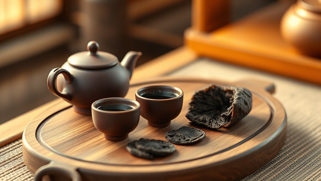 Galette de pu-erh vieilli sur une planche en bois lors d'une cérémonie du thé gongfu