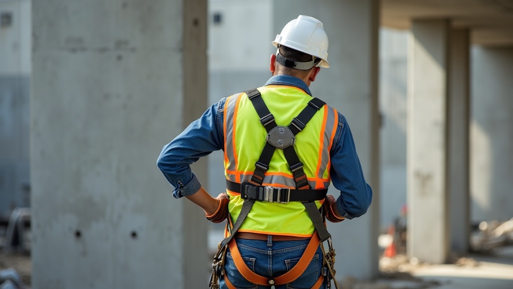 Construction worker gearing up with full PPE on an active jobsite