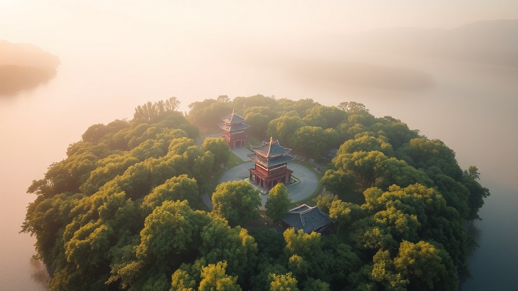 Vue de l'île Jiangxin et ses deux pagodes depuis le fleuve Ou à Wenzhou, Zhejiang