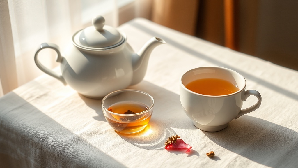 Théière en porcelaine blanche avec tasse de thé et quelques feuilles de thé séchées