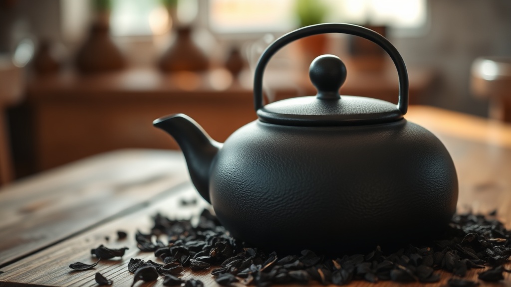 Théière en fonte japonaise avec thé noir en feuilles sur une table en bois