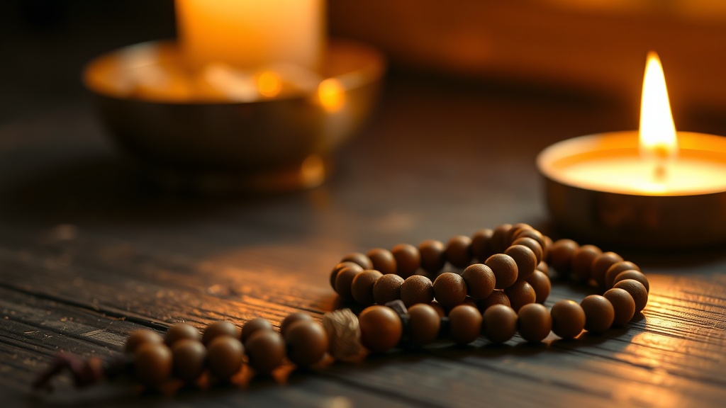 Mala beads and brass bowl for Amitabha mantra counting practice on a wooden surface