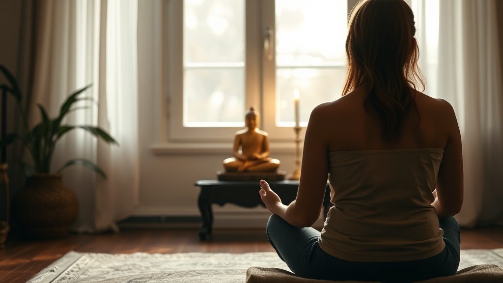 Person meditating before a home altar with a golden Buddha statue during Amitabha mantra practice