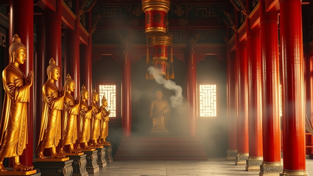 Statues des dix-huit Arhats dans le hall principal du temple Jiangxin, bois laqué doré