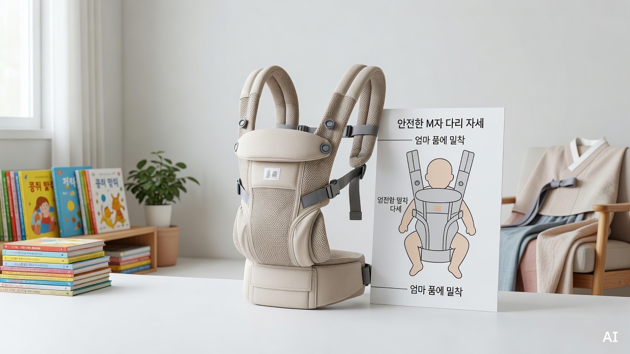 baby carrier with M-shaped leg position diagram displayed on a clean white background product display