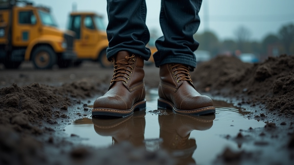 Waterproof work boots and socks standing in rain puddle on a jobsite