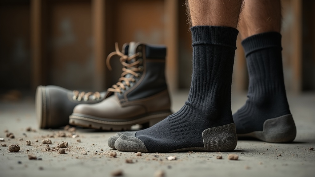 Black crew work socks for men on a construction jobsite