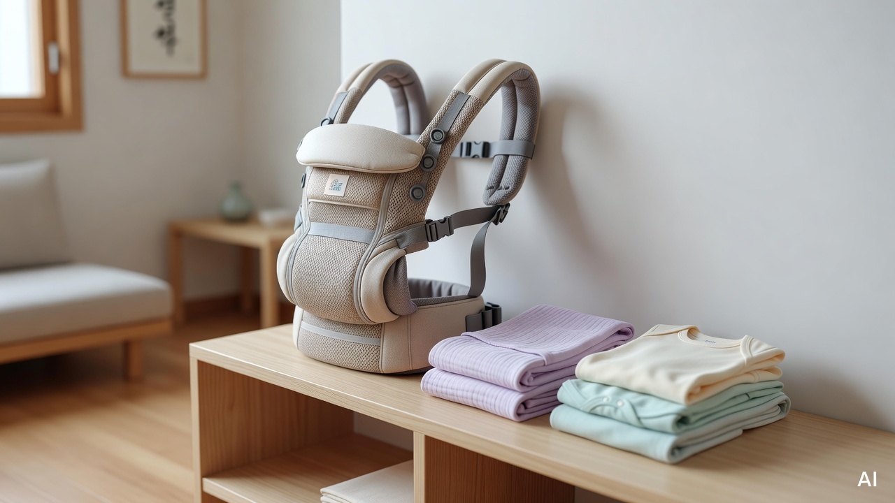 ergonomic baby carrier placed on a light wooden shelf with folded infant accessories nearby