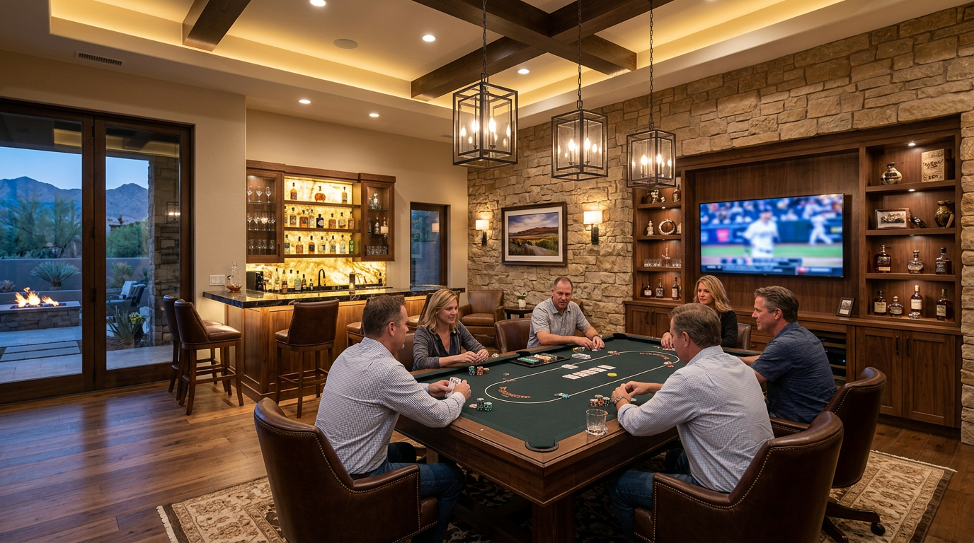 Photorealistic wide interior shot of a Scottsdale luxury game room with a six-pocket pool table converted for poker, leath...