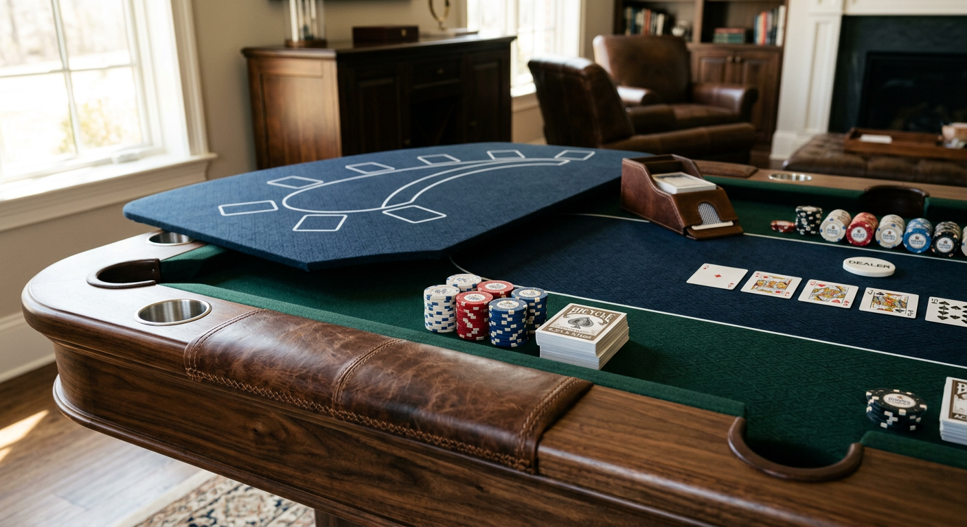 Photorealistic close-up of a luxury pool table poker table combo with a removable poker topper partly in place, stitched l...