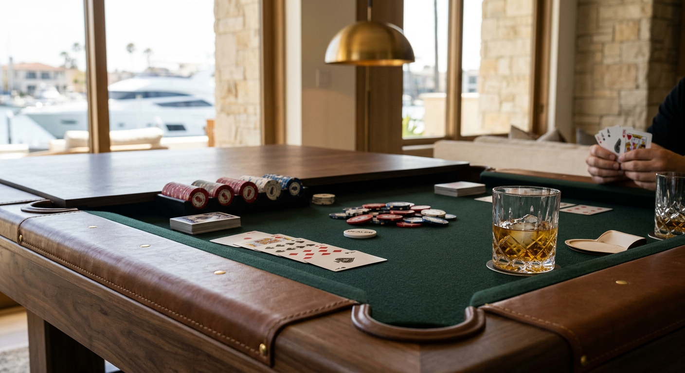Photorealistic close-up of a handcrafted six-pocket pool table in poker mode, removable premium poker topper installed, st...