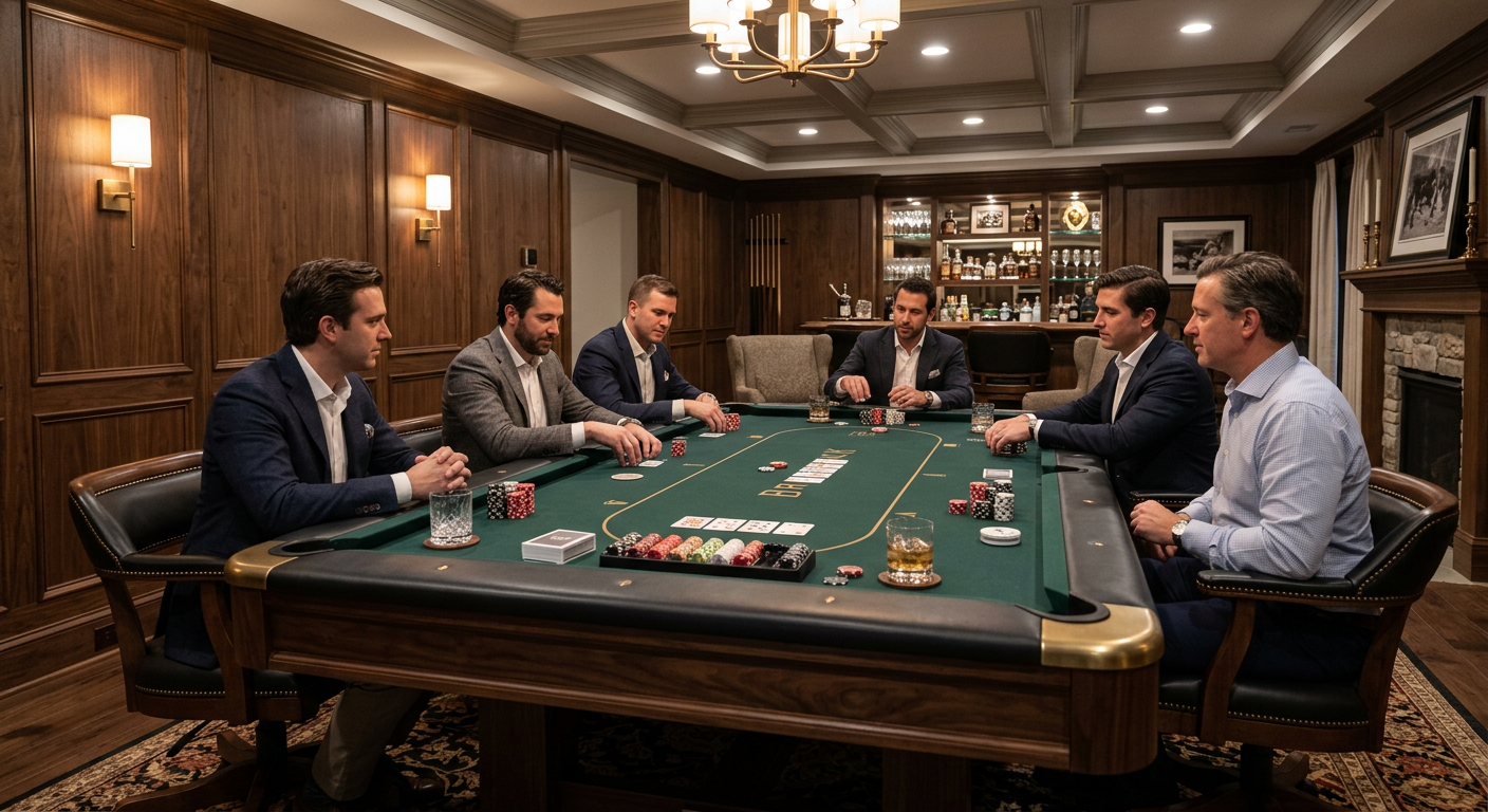 Photorealistic luxury game room scene showing a six-pocket pool table converted for poker night, leather rail top installe...
