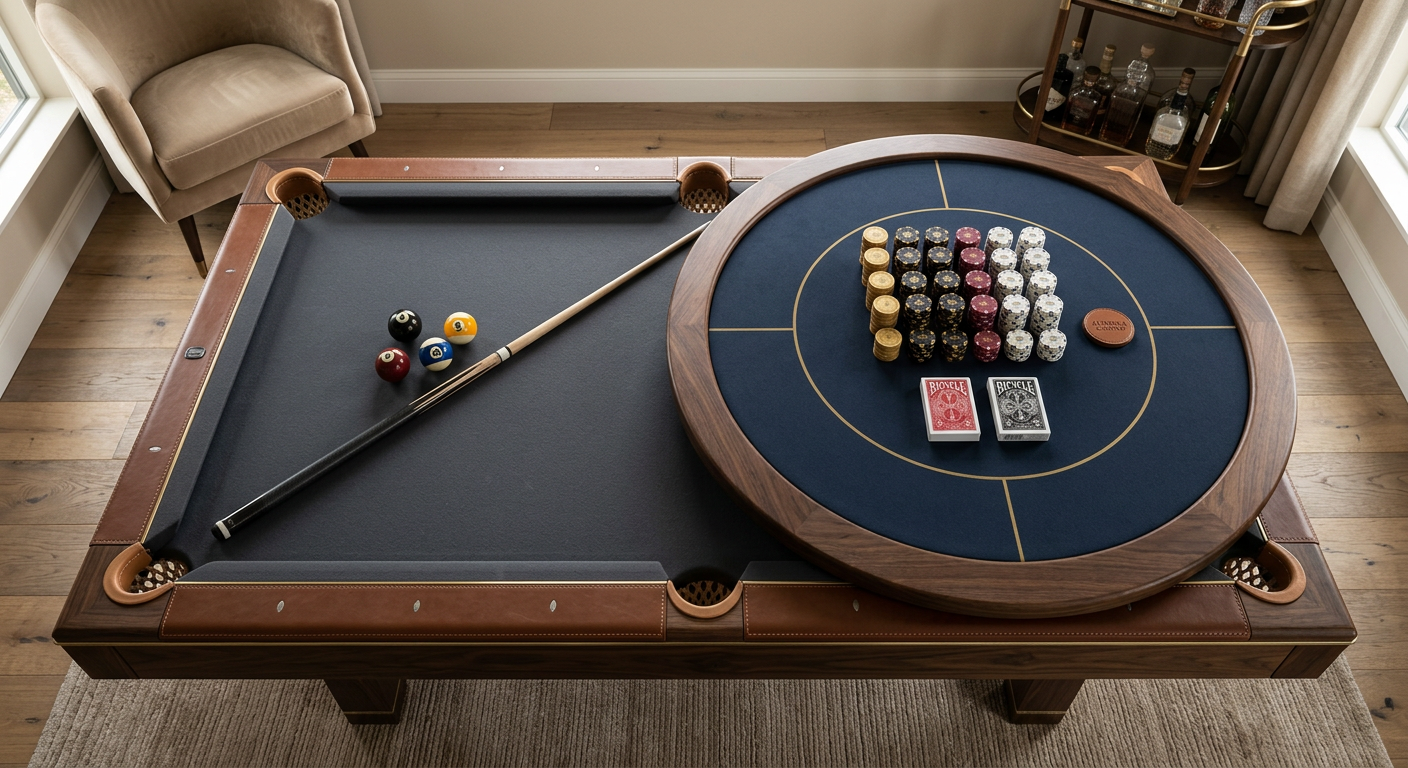 Photorealistic overhead lifestyle shot of a luxury pool table poker table combo with the removable poker top partially pla...