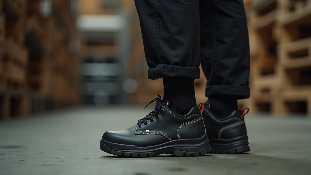 Worker in black crew socks standing on concrete warehouse floor