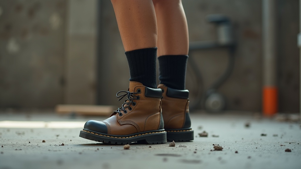 Woman in black work socks putting on steel-toe boots on a jobsite