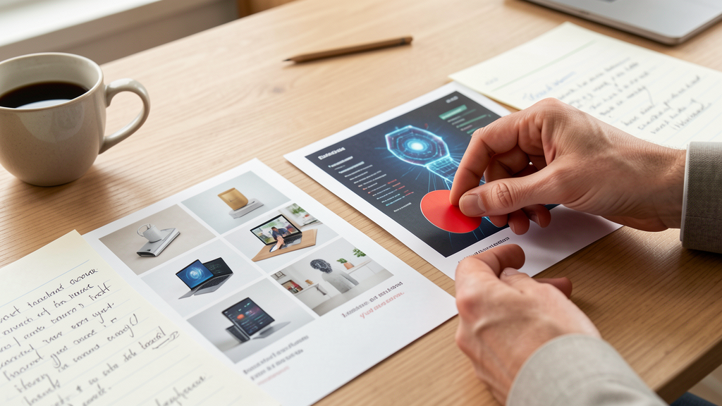 Table de travail d'un responsable e-commerce comparant visuels IA et photos traditionnelles pour une décision de production