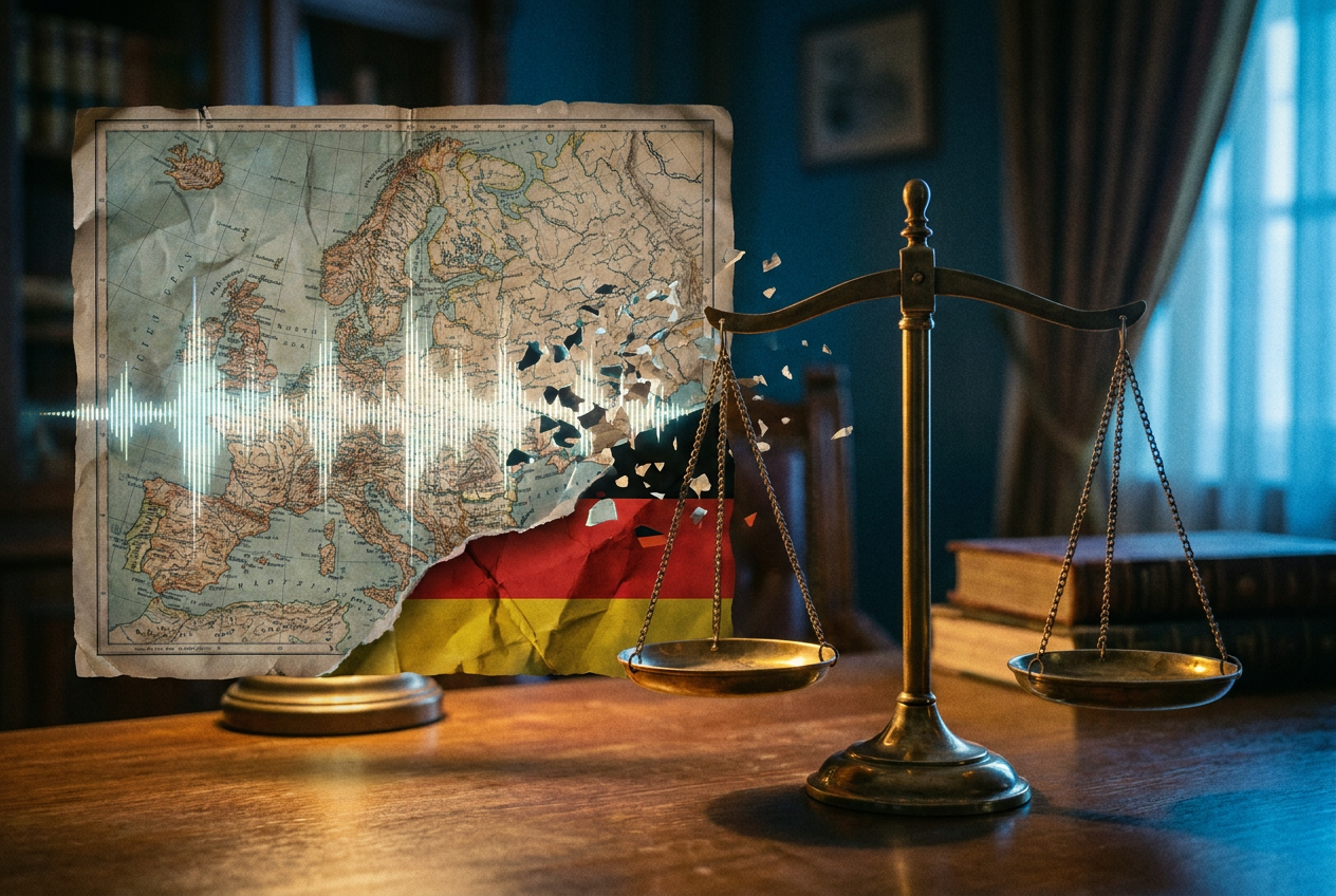 A cracked digital music waveform splitting apart over a map of Europe, with the German flag visible beneath, legal scales of justice in the foreground, dramatic lighting with a blue and gold color scheme