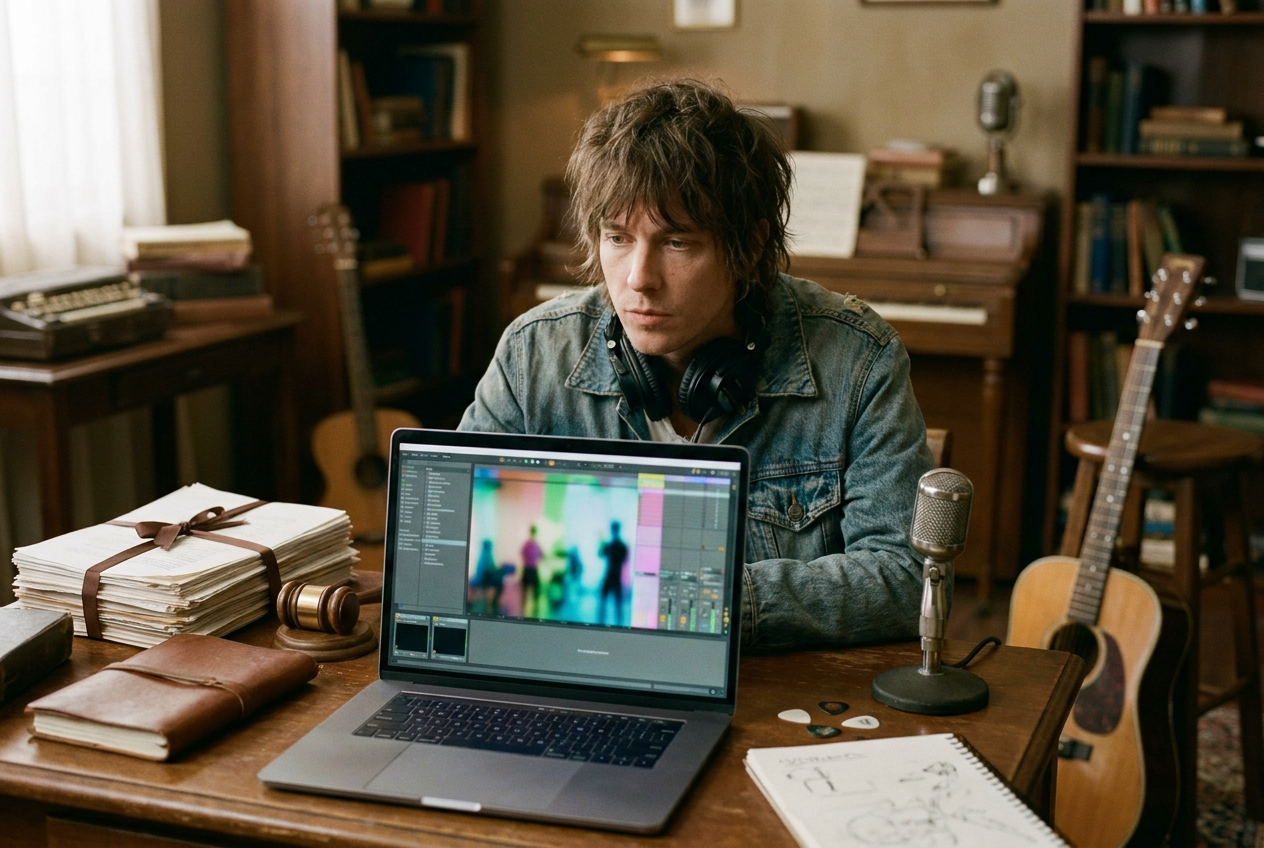 A musician sitting at a desk with headphones around their neck, looking at a laptop screen showing an AI music video being generated, with legal documents and a gavel on one side of the desk and creative tools like a microphone and guitar on the other, warm studio lighting