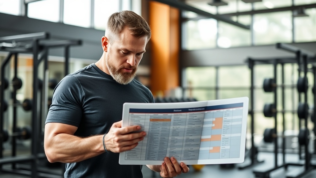 Professional personal trainer reviewing a training periodization chart on a tablet with a client in