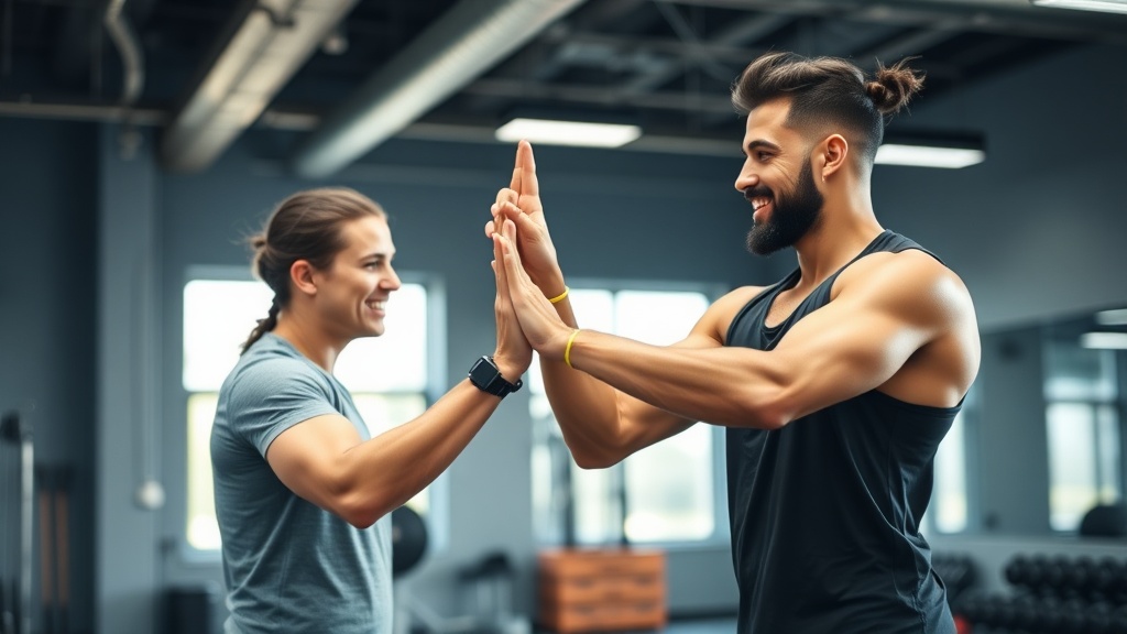 Personal trainer and client high-fiving after a successful workout session in a bright gym, celebrat