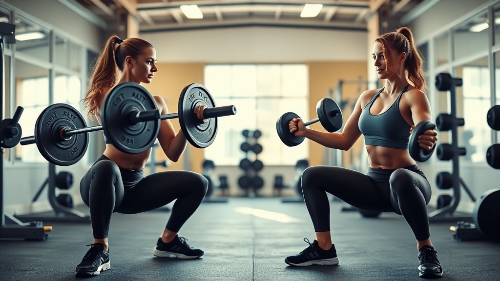 Split-screen style gym scene showing an athletic woman performing heavy barbell squats on one side a