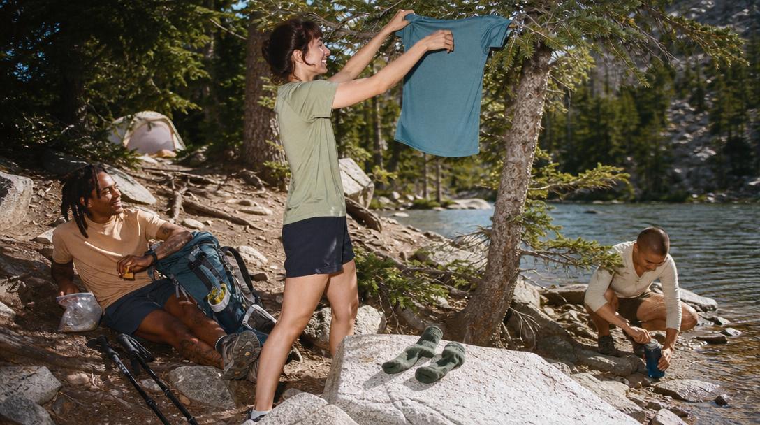 Comparison of merino and synthetic hiking shirts laid flat