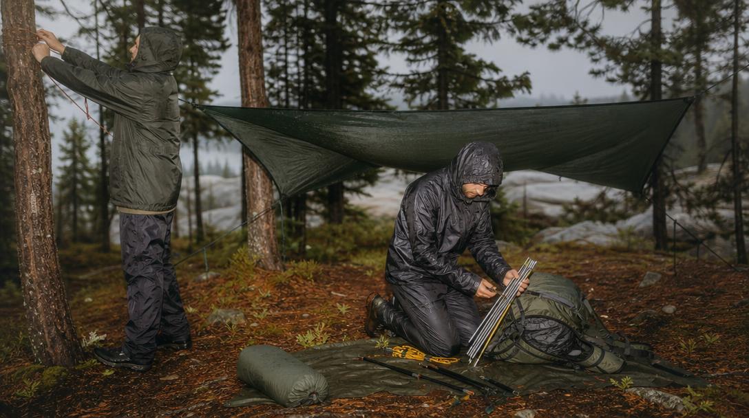 Close up of tent rainfly with water droplets during heavy rain