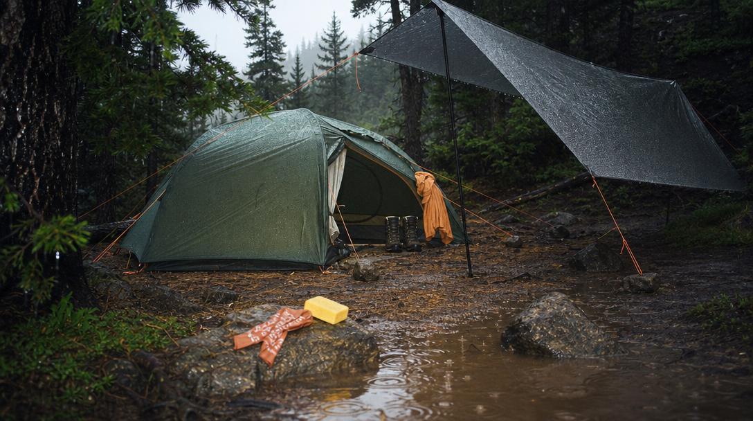 Camp clothing laid out for wet weather camping