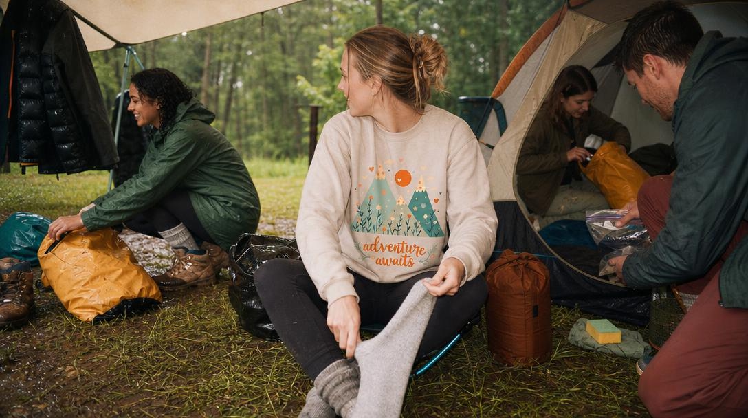 Dry tarp setup over rainy campsite