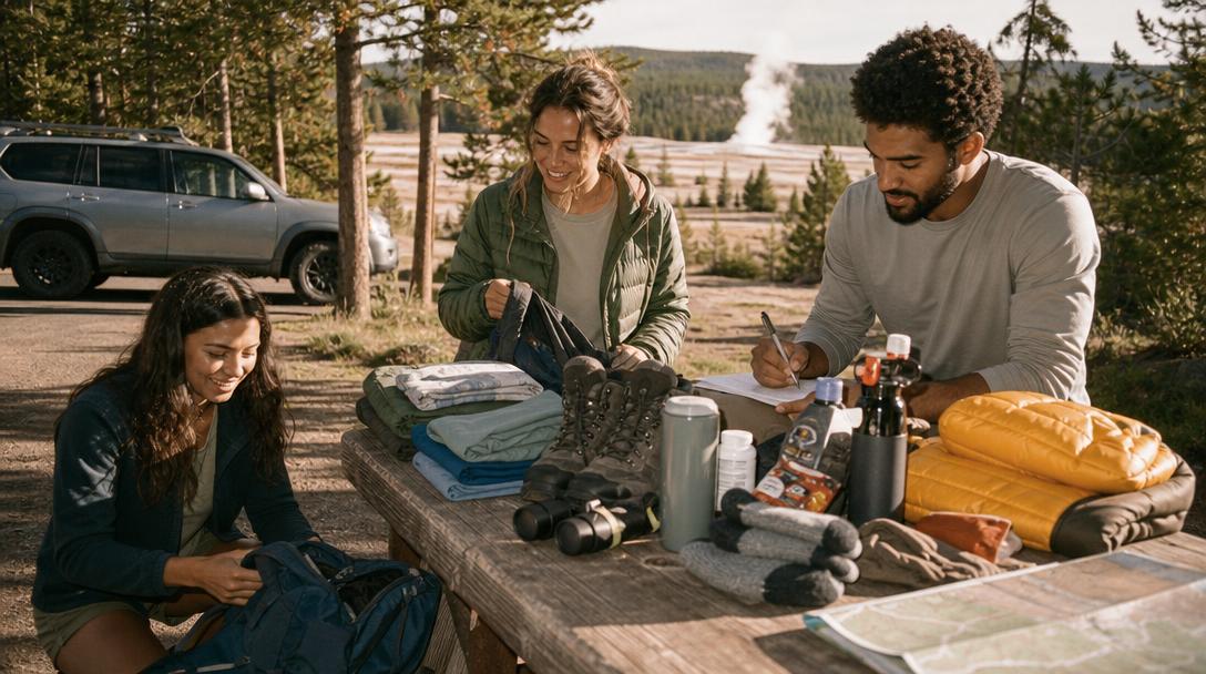 Seasonal clothing laid out for Yellowstone trip planning