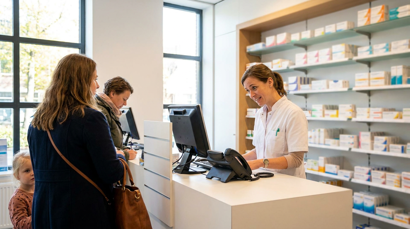 Apotheekassistent achter de balie terwijl de telefoon rinkelt en klanten wachten