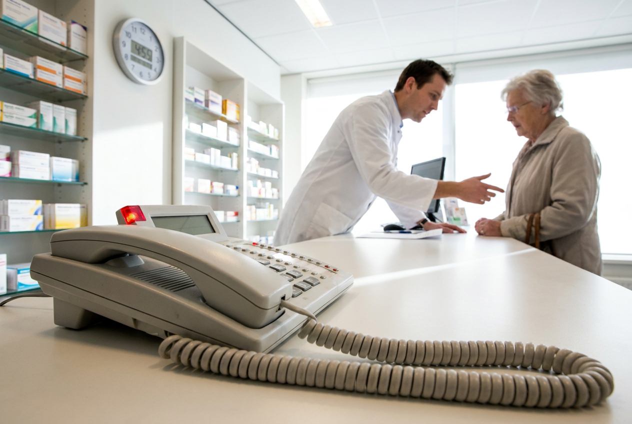 Rinkelende telefoon op de apotheekbalie terwijl een assistent een klant helpt