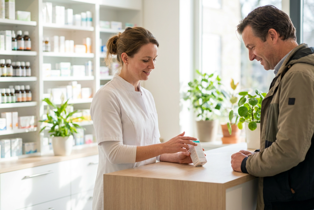 Ontspannen apotheekassistent helpt rustig een klant aan de balie