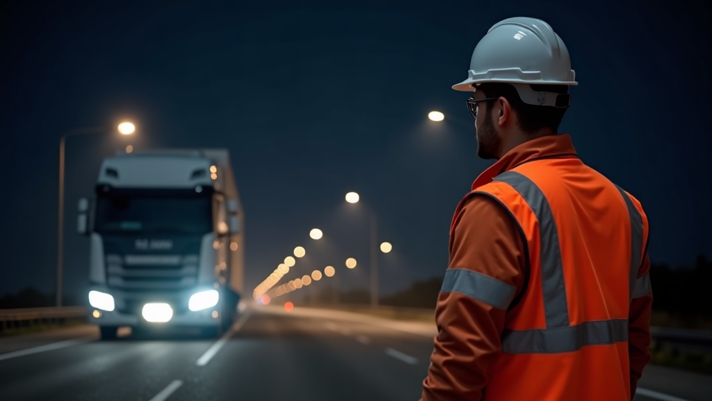 Trabajador de construcción con ropa reflectante visible en la oscuridad