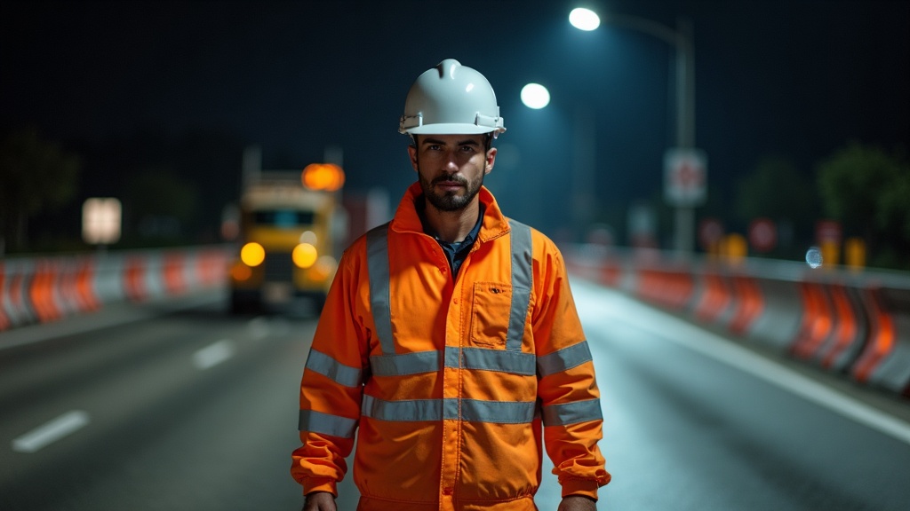 Trabajador de vía pública con overol clase 3 completo en obra nocturna de autopista