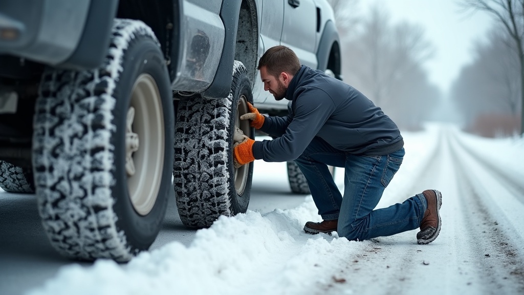 Man installing a snow sock on a pickup truck tire in winter