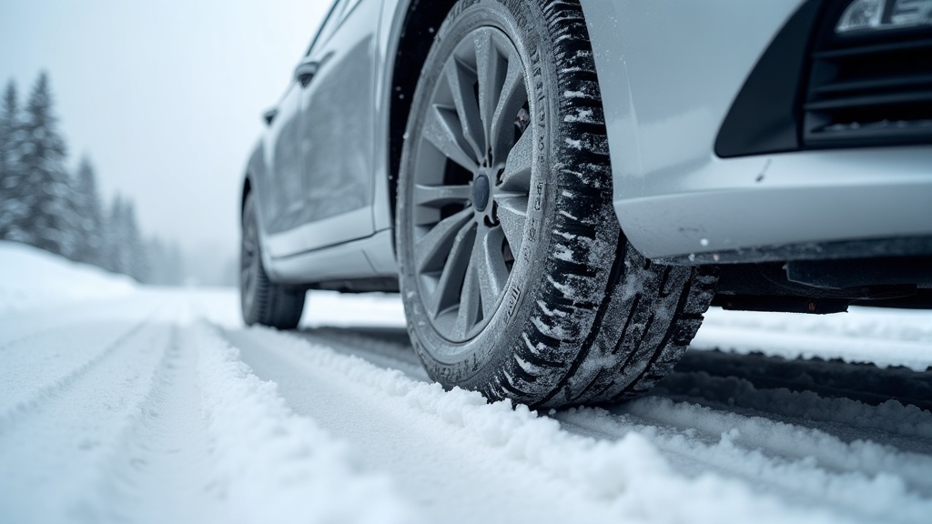 Snow socks installed on sedan tires on packed snow mountain road