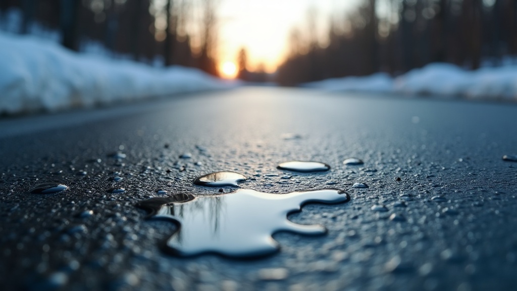 Thin glaze of black ice on dark asphalt road