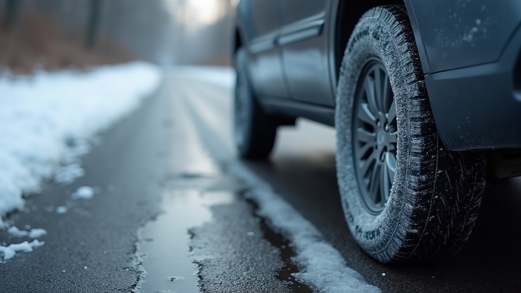 Snow sock installed on a car tire on black ice road
