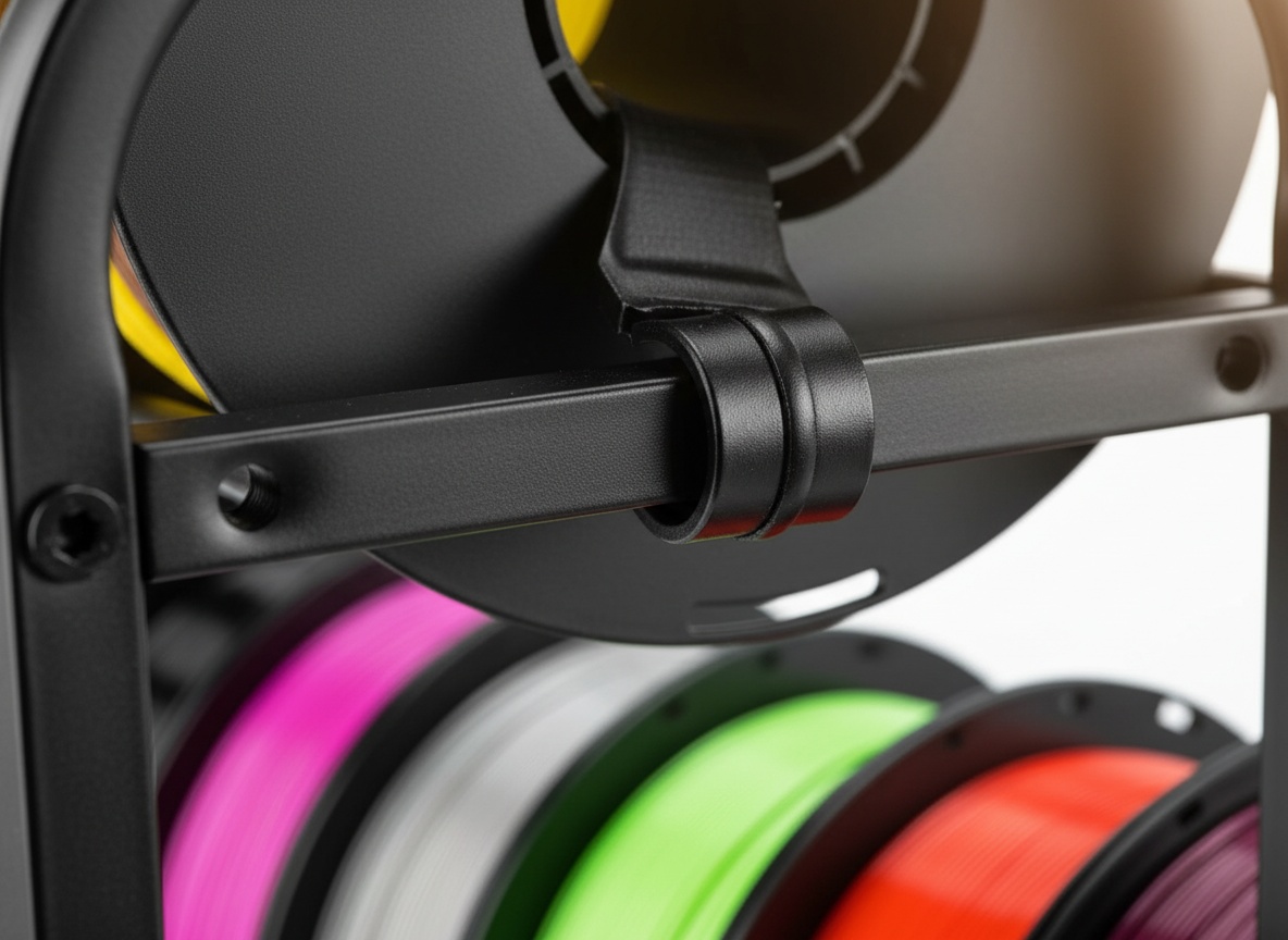 Macro detail of the metal filament storage rack's steel support rod and bracket with blurred spools behind
