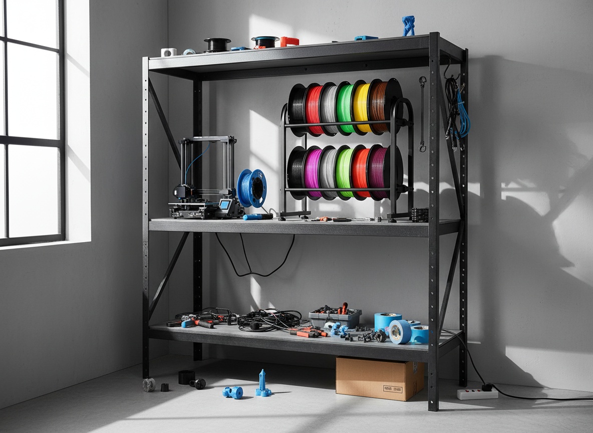 Facka filament storage rack displayed on industrial shelving in a full workshop setting with 3D printer and equipment